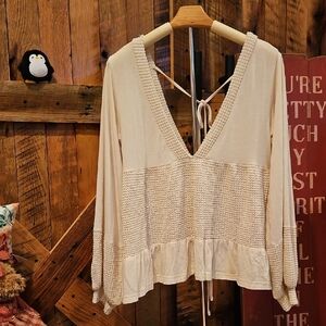 68 POL Cream Textured V-Neck Blouse